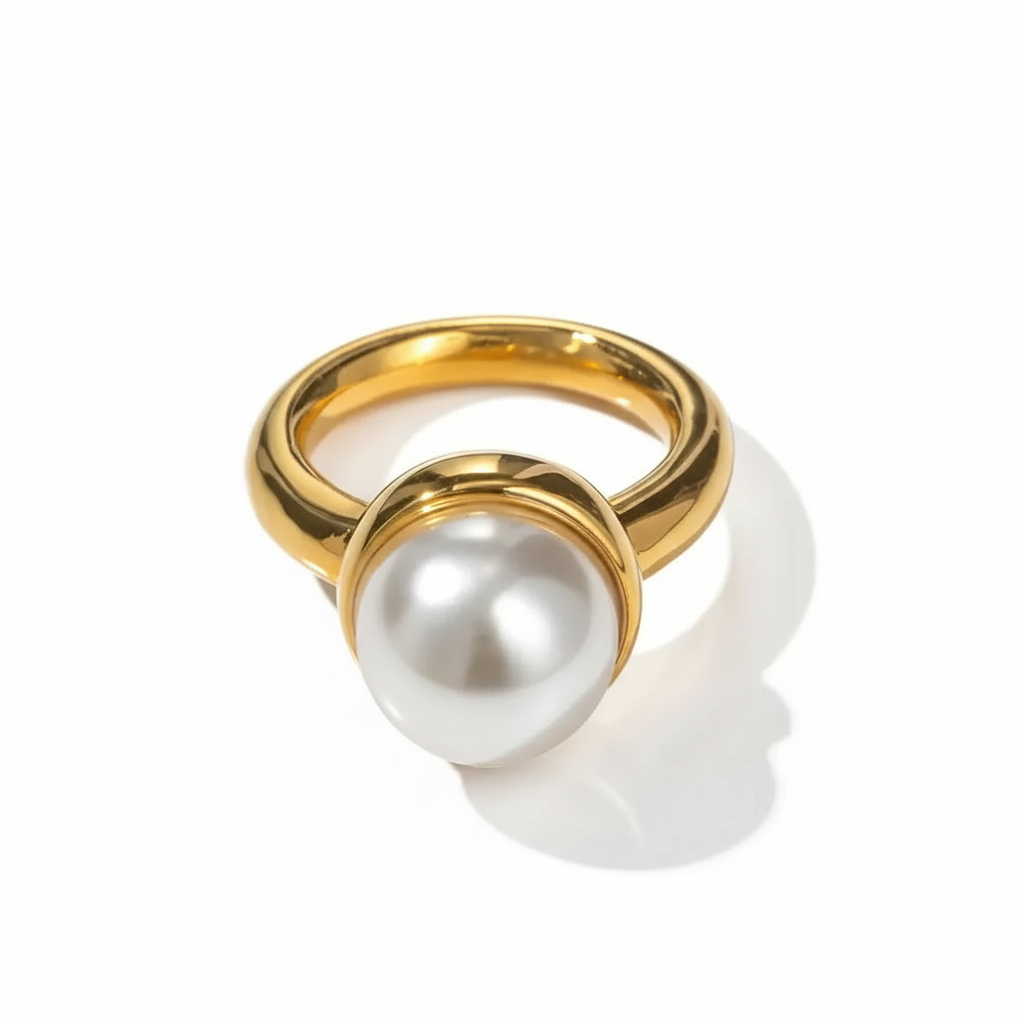 Gold Stainless Steel Pearl Geometric Fashion Ring