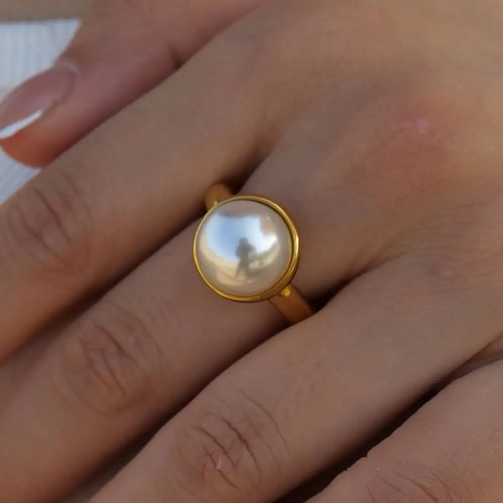 Gold Stainless Steel Pearl Geometric Fashion Ring